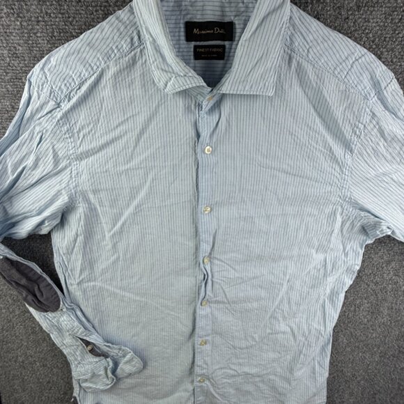 Massimo Dutti LG Button Up Long Sleeve Cotton Linen Blue Striped Finest Fabric - Picture 1 of 15